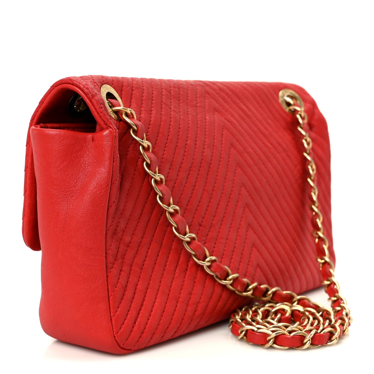 Wrinkled Lambskin Chevron Quilted Medium Flap Red