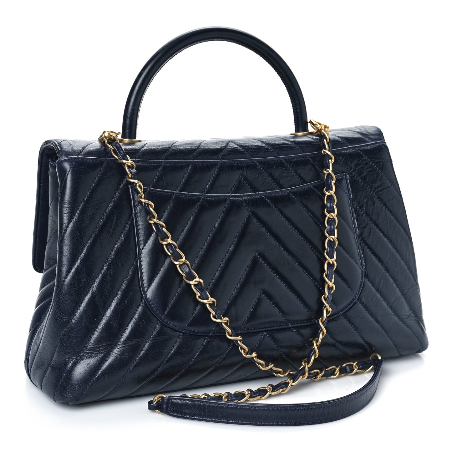 Aged Calfskin Chevron Quilted Small Coco Handle Flap Navy