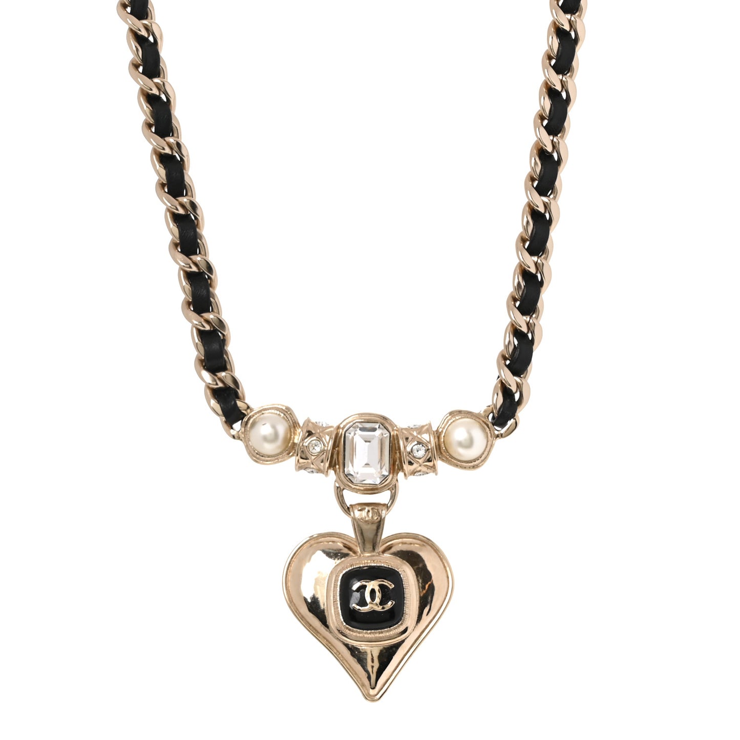 Lambskin Crystal Pearl CC Heart Choker Gold Black