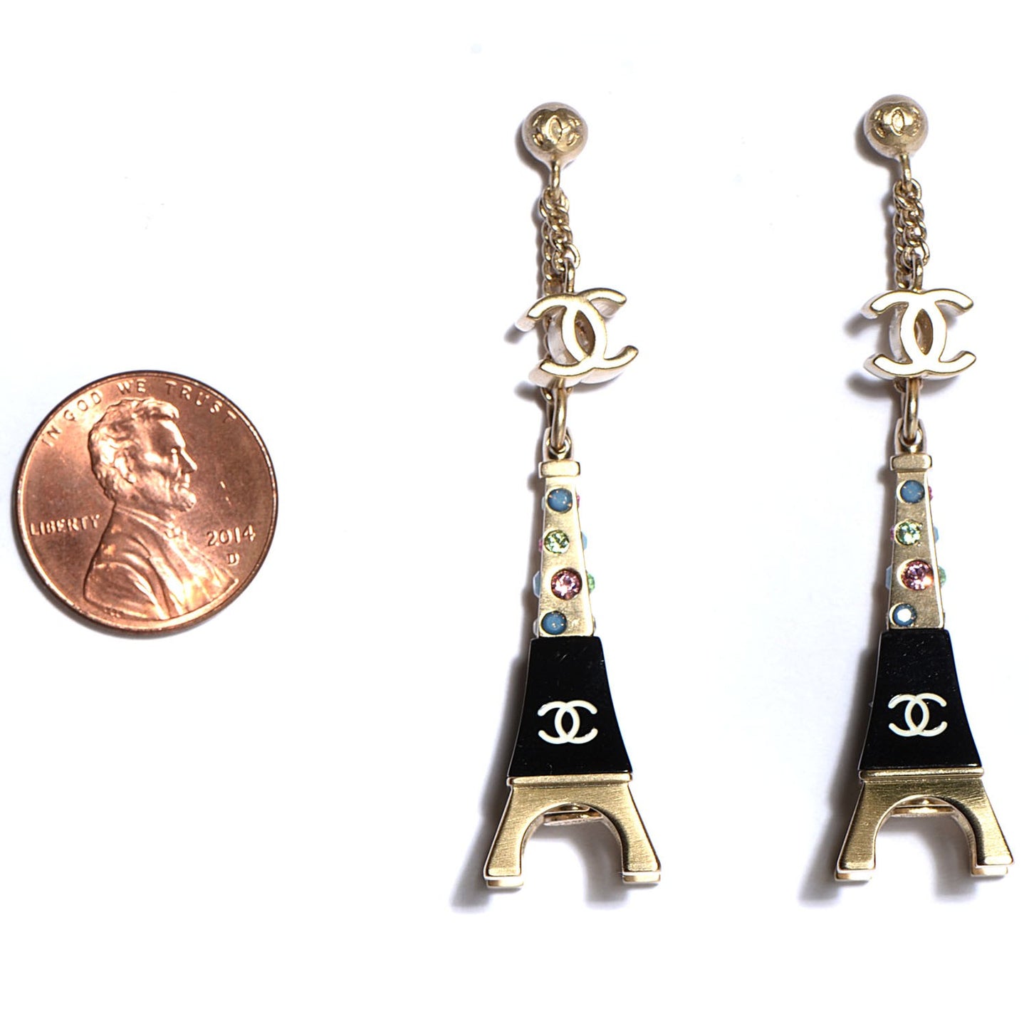 Crystal CC Eiffel Tower Charm Earrings Gold