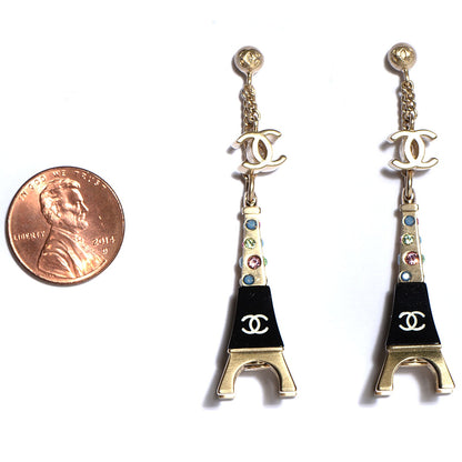 Chanel Crystal CC Eiffel Tower Charm Earrings Gold 2 of 5
