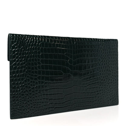 Saint Laurent Calfskin Crocodile Embossed Uptown Monogram Clutch Dark Green 3 of 9