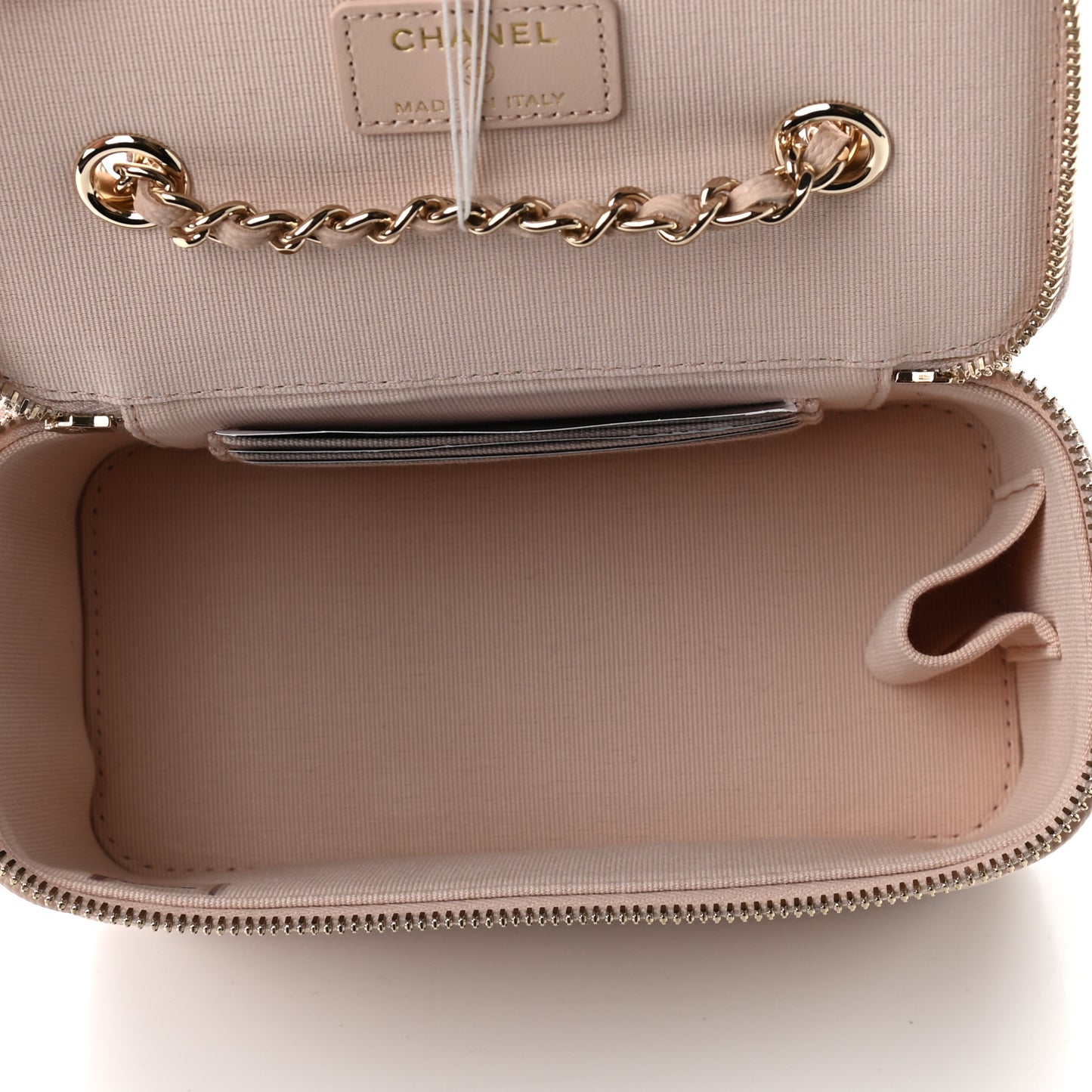 Caviar Quilted Small Vanity Case With Chain Light Beige