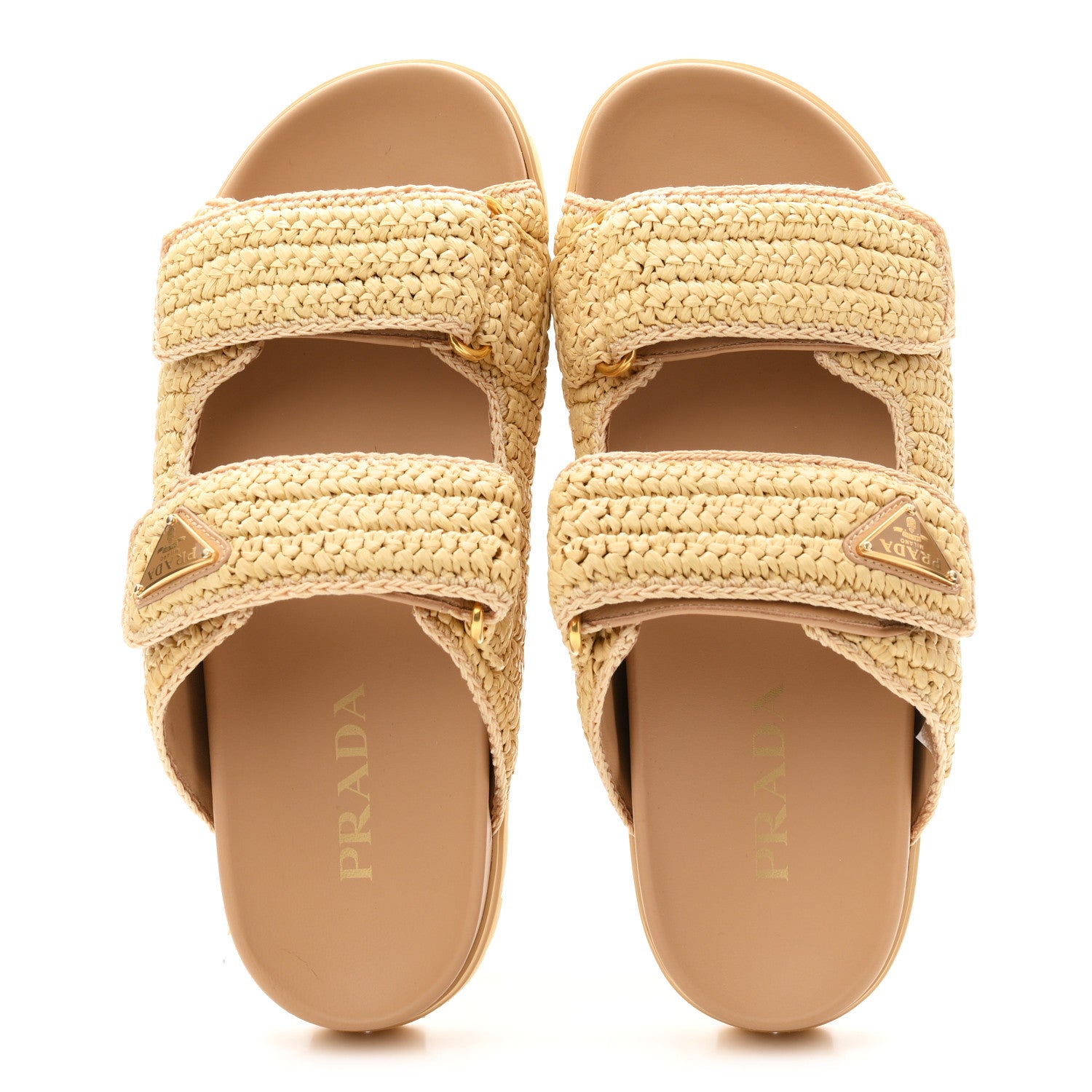 Prada Raffia Calfskin Crochet Metal Triangle Logo Womens Double Buckle 20mm Slide Sandals 38 Naturale 2 of 10