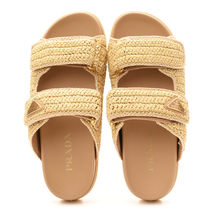 Prada Raffia Calfskin Crochet Metal Triangle Logo Womens Double Buckle 20mm Slide Sandals 38 Naturale 2 of 10