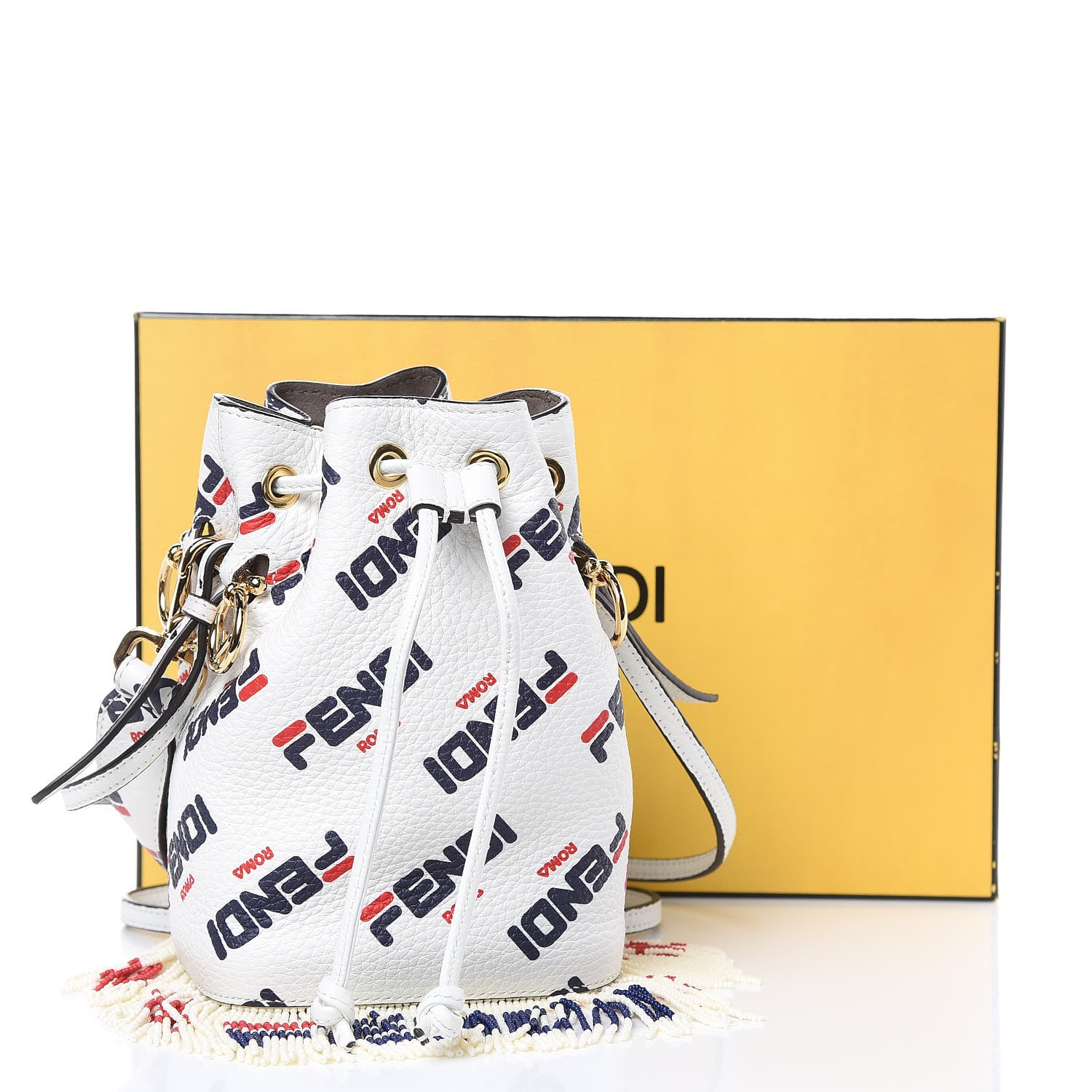 Fendi X FILA Calfskin F is Fendi Mania Fringe Mini Mon Tresor Bucket Bag White 11 of 11