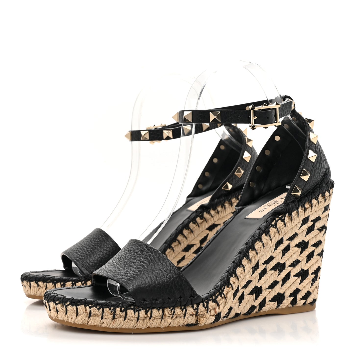 Grained Calfskin Rockstud Ankle Strap Espadrille 15/105mm Wedge Sandals 39 Black Natural