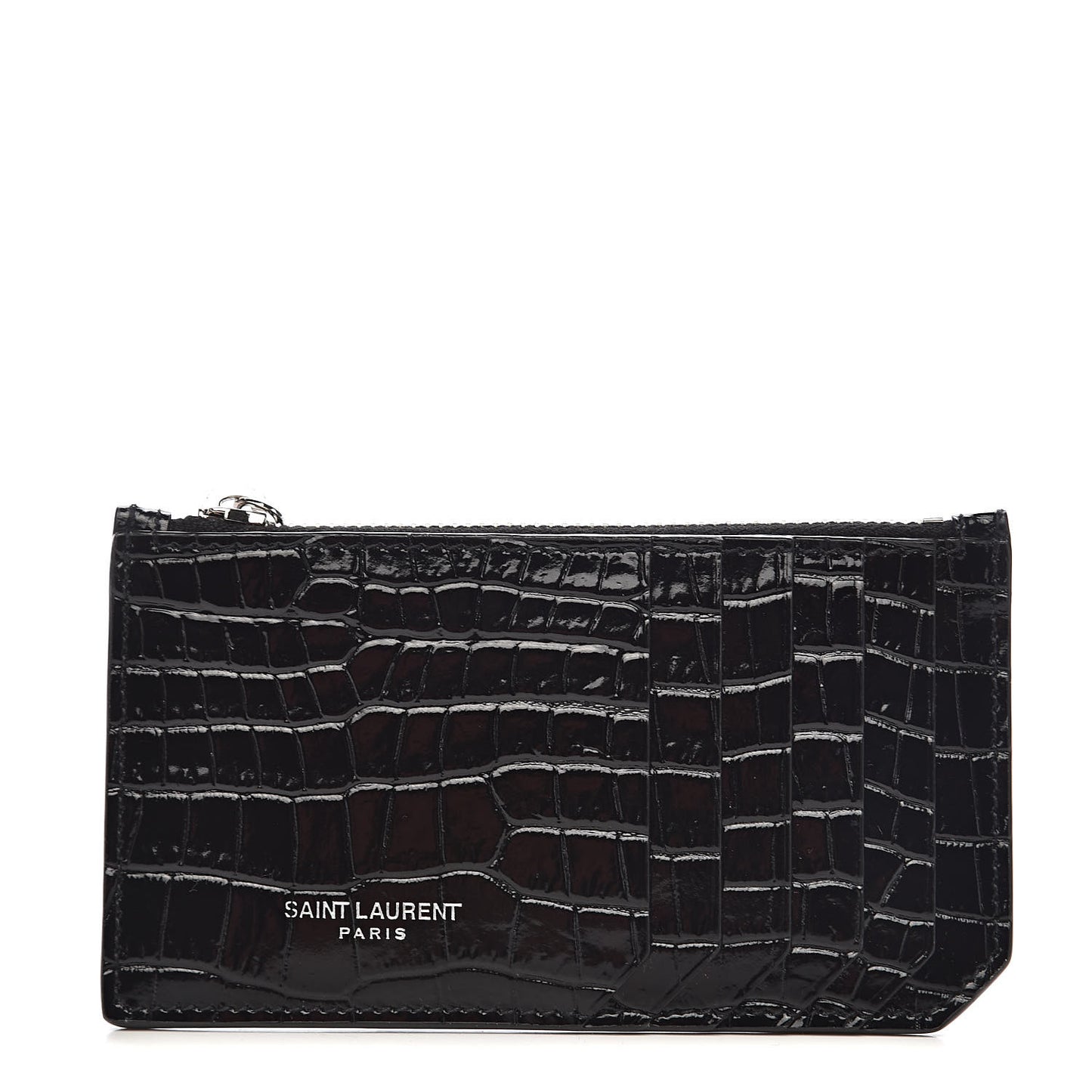 Calfskin Crocodile Embossed 5 Fragments Zip Pouch Card Holder Black
