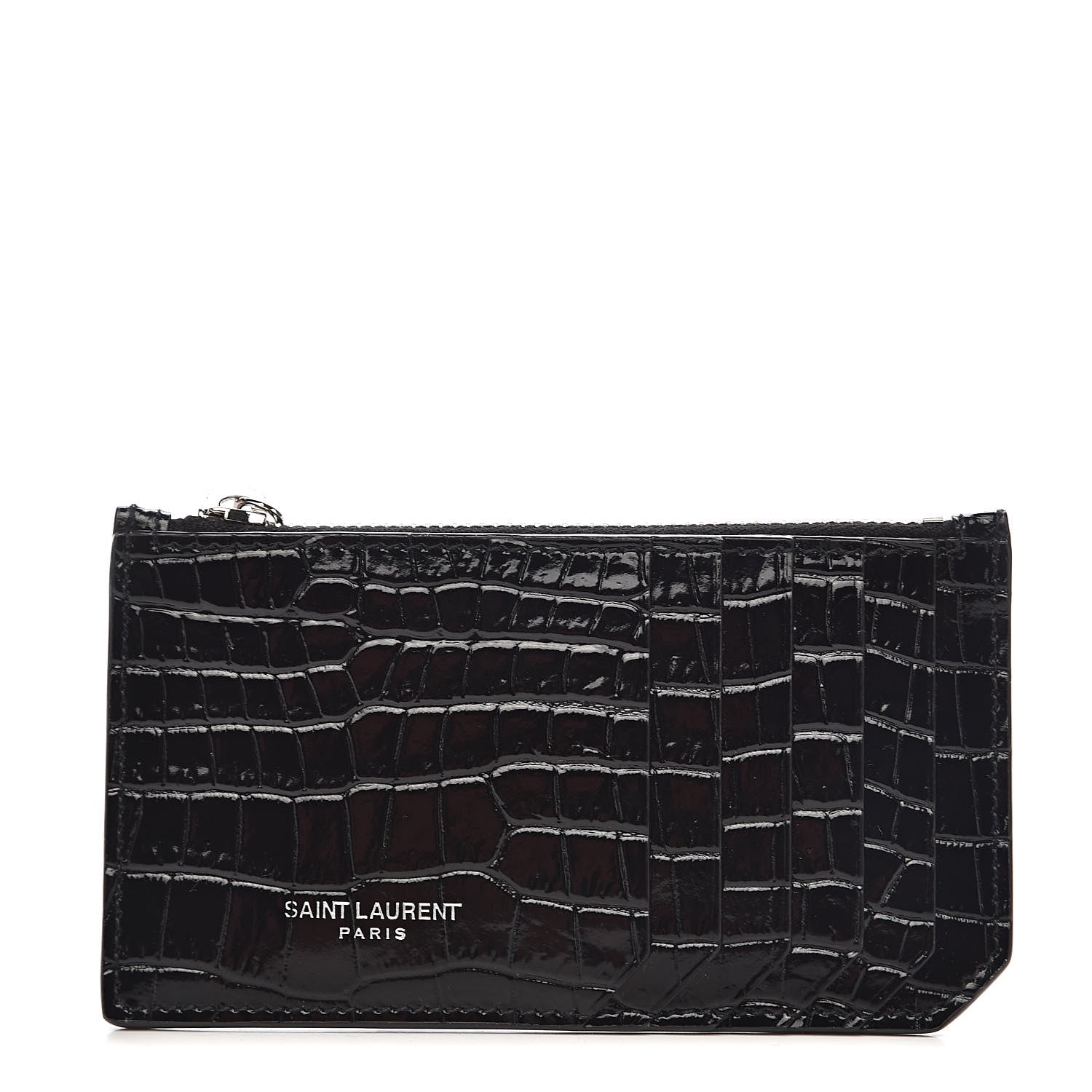 Saint Laurent Calfskin Crocodile Embossed 5 Fragments Zip Pouch Card Holder Black 1 of 8