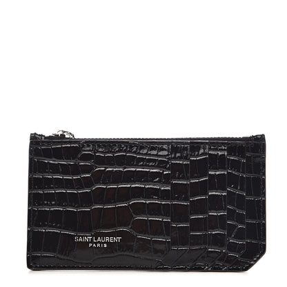 Saint Laurent Calfskin Crocodile Embossed 5 Fragments Zip Pouch Card Holder Black 1 of 8