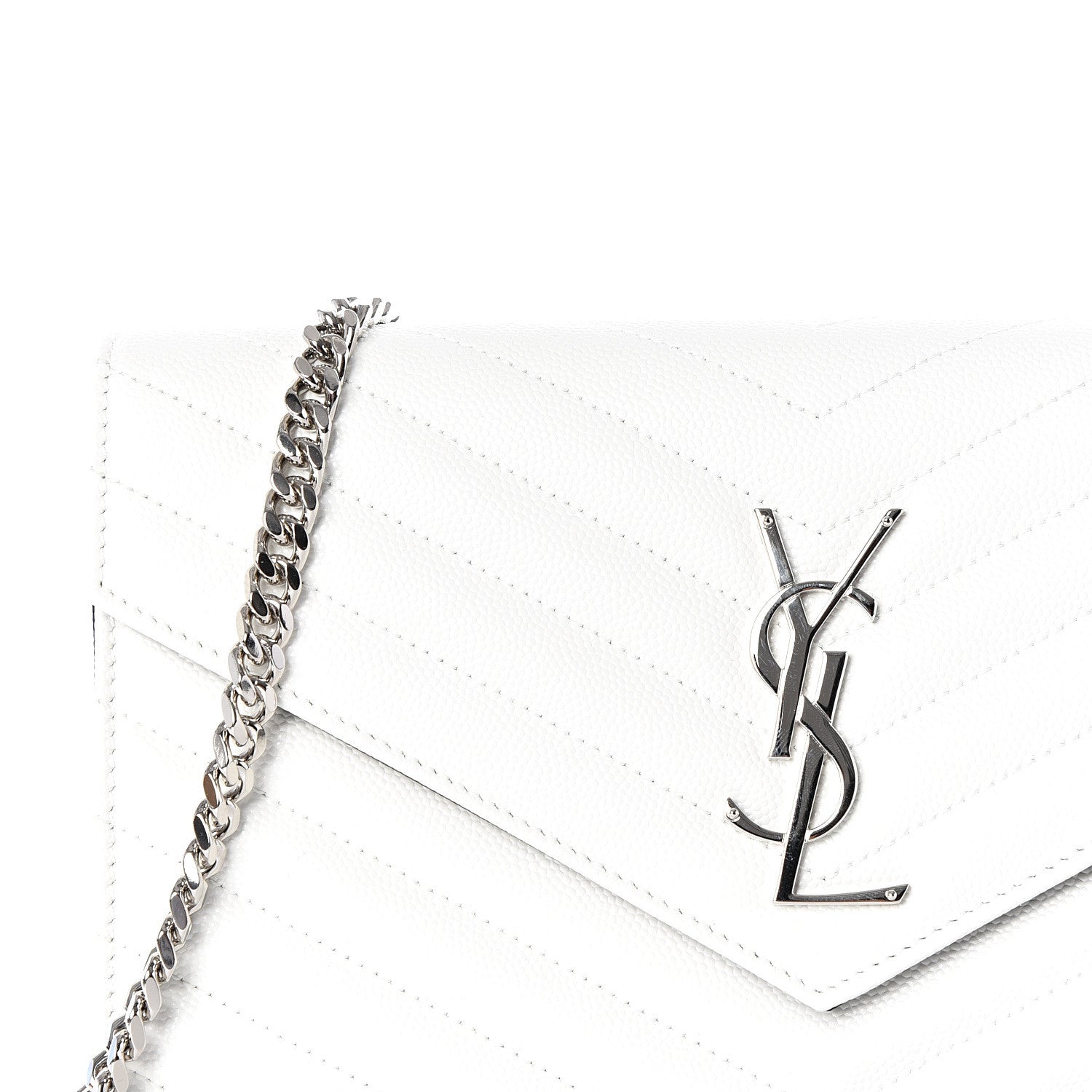 Saint Laurent Grain De Poudre Matelasse Bi-Color Chevron Monogram Chain Wallet White Black 7 of 9