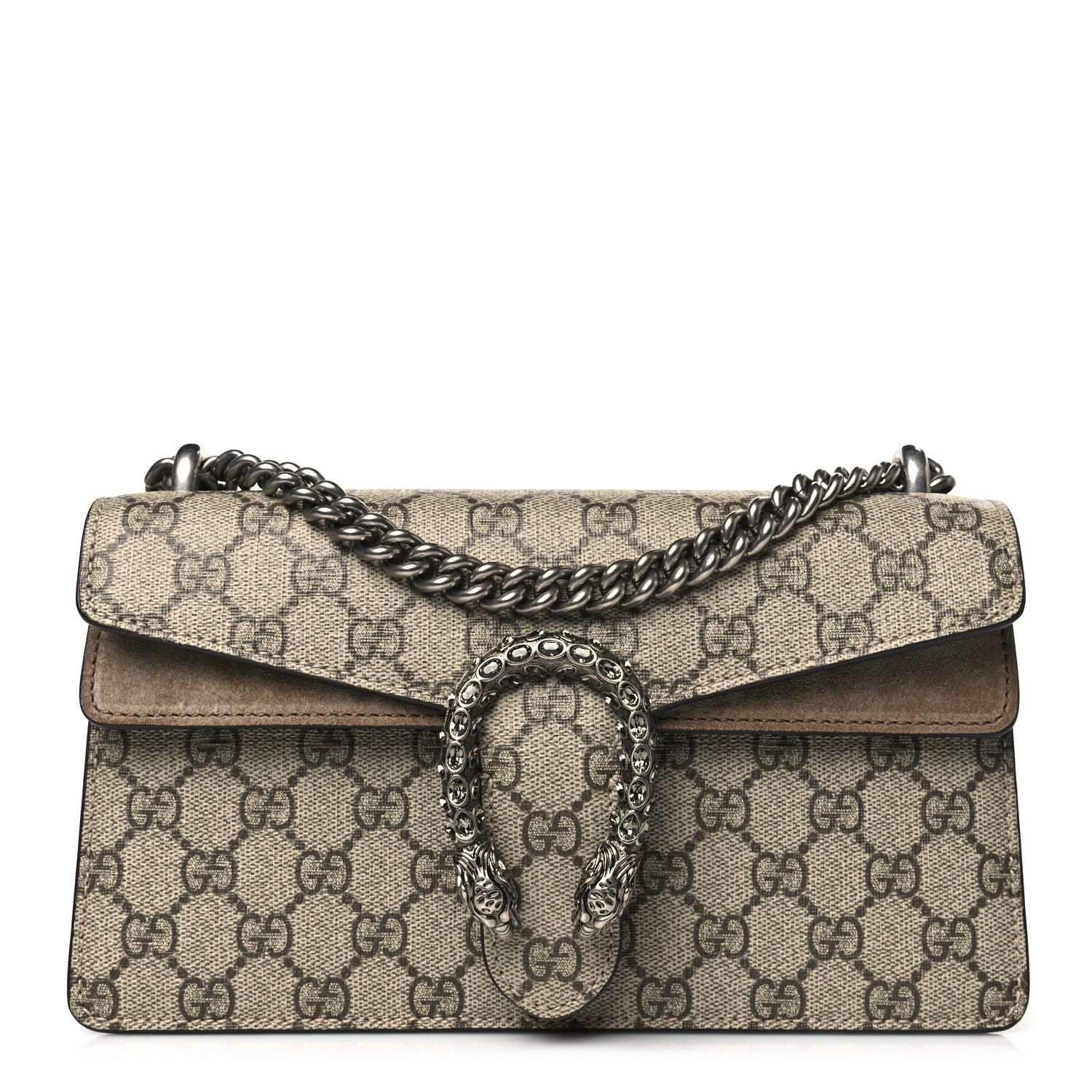 Gucci GG Supreme Monogram Suede Crystal Small Dionysus Shoulder Bag Beige Ebony Taupe 1 of 10