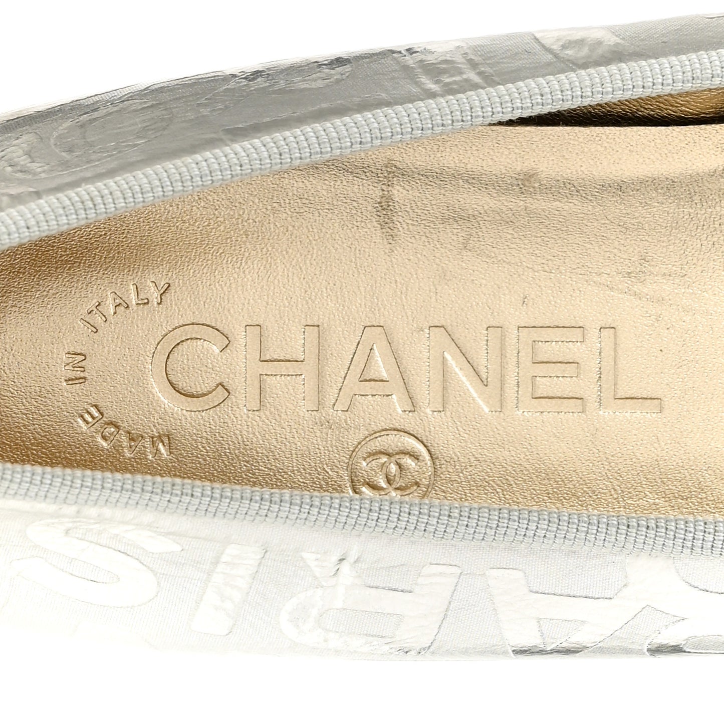 Laminated Goatskin Grosgrain Cap Toe CC Ballerina Flats 36 Silver Black