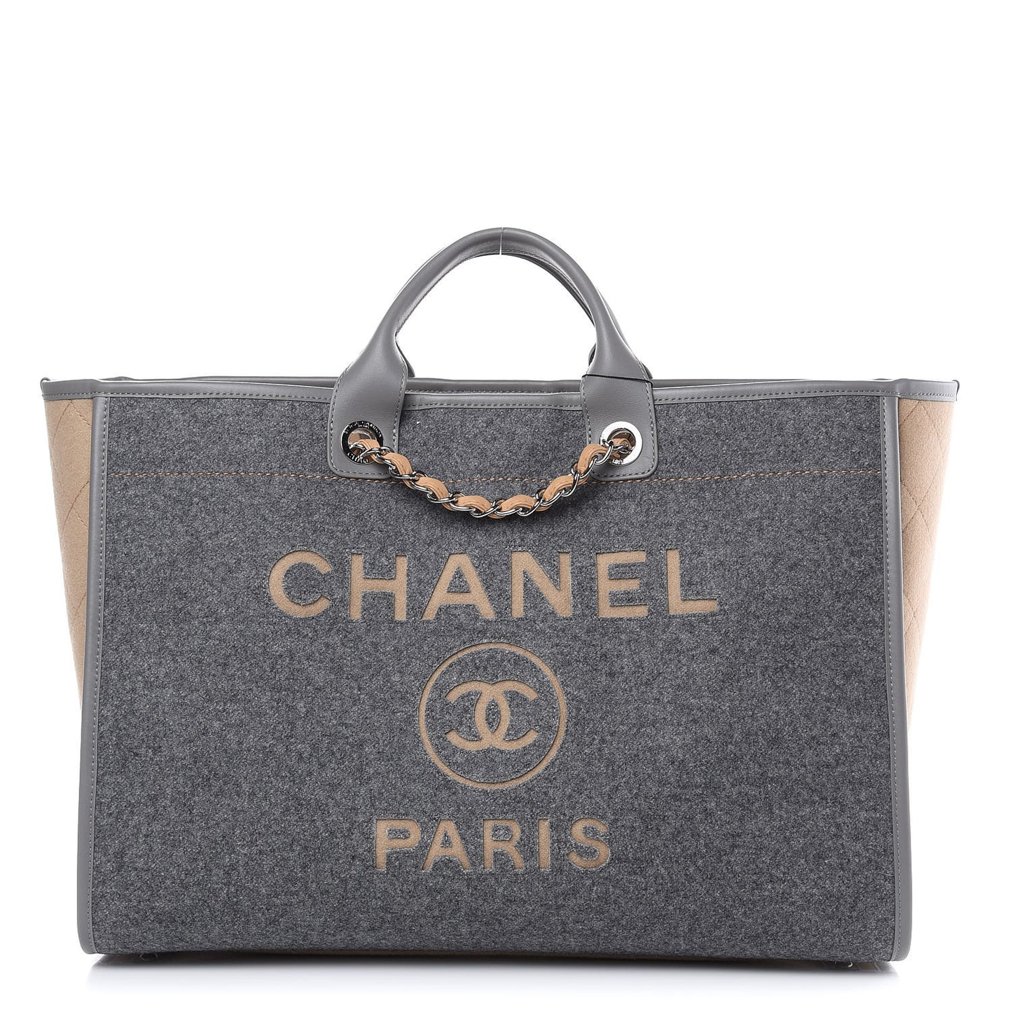 Wool Felt Calfskin Large Deauville Tote Grey Beige