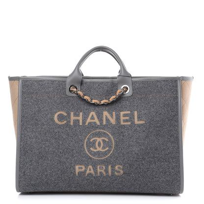 Chanel Wool Felt Calfskin Large Deauville Tote Grey Beige 1 of 9