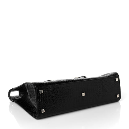 Saint Laurent Shiny Calfskin Crocodile Embossed Small Manhattan Shopper Tote Black 4 of 9