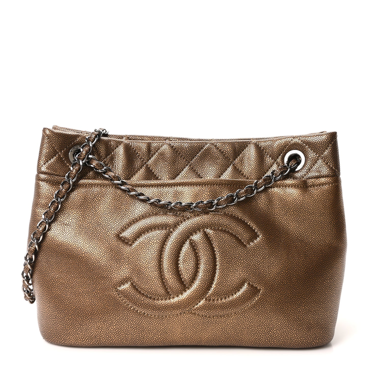 Metallic Caviar Quilted Large Timeless CC Soft Tote Bronze