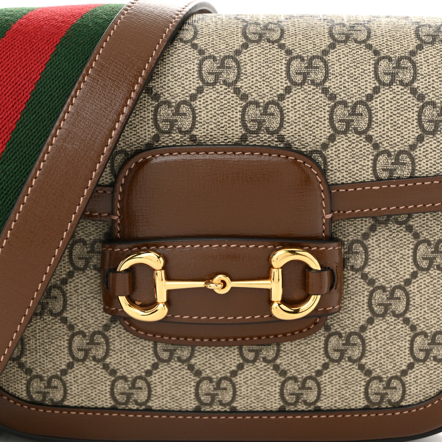 GG Supreme Monogram Azalea Calfskin Web Mini Horsebit 1955 Shoulder Bag Beige Ebony Brown Sugar