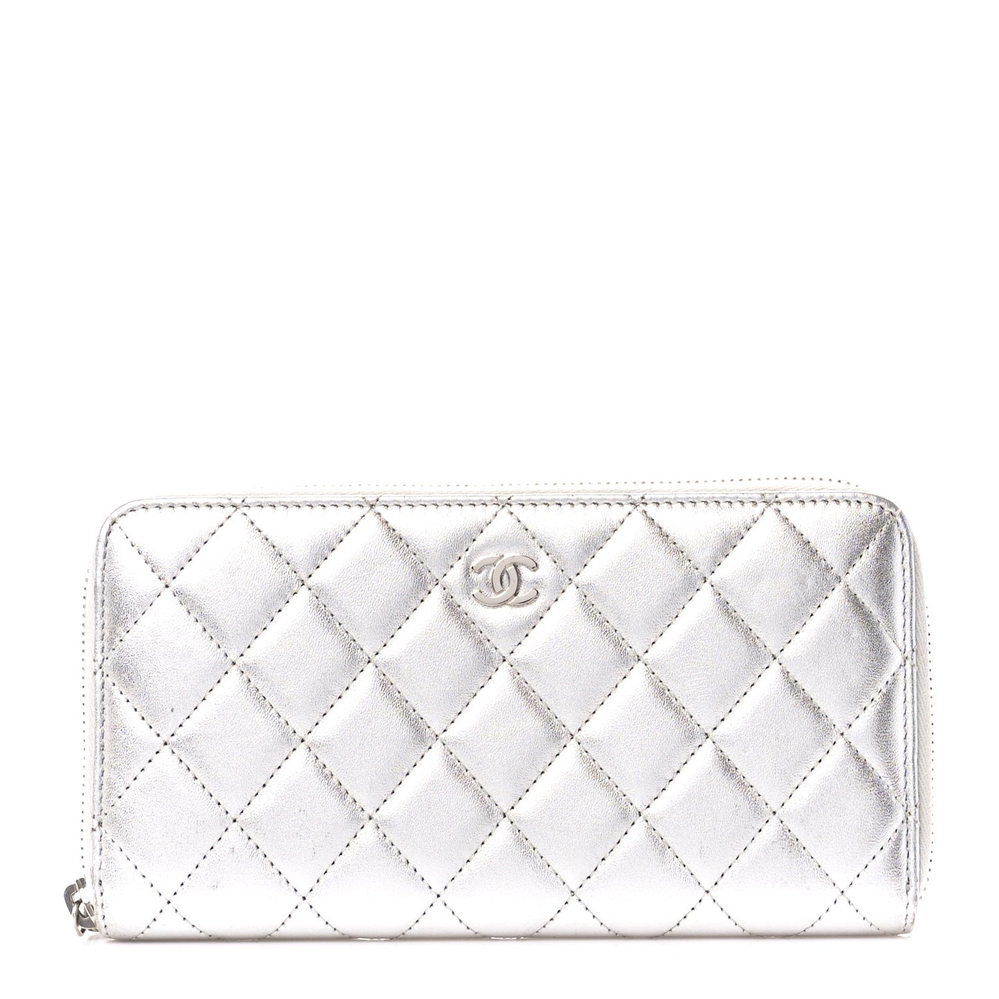 Metallic Lambskin Quilted Large Gusset Zip Around Wallet Silver