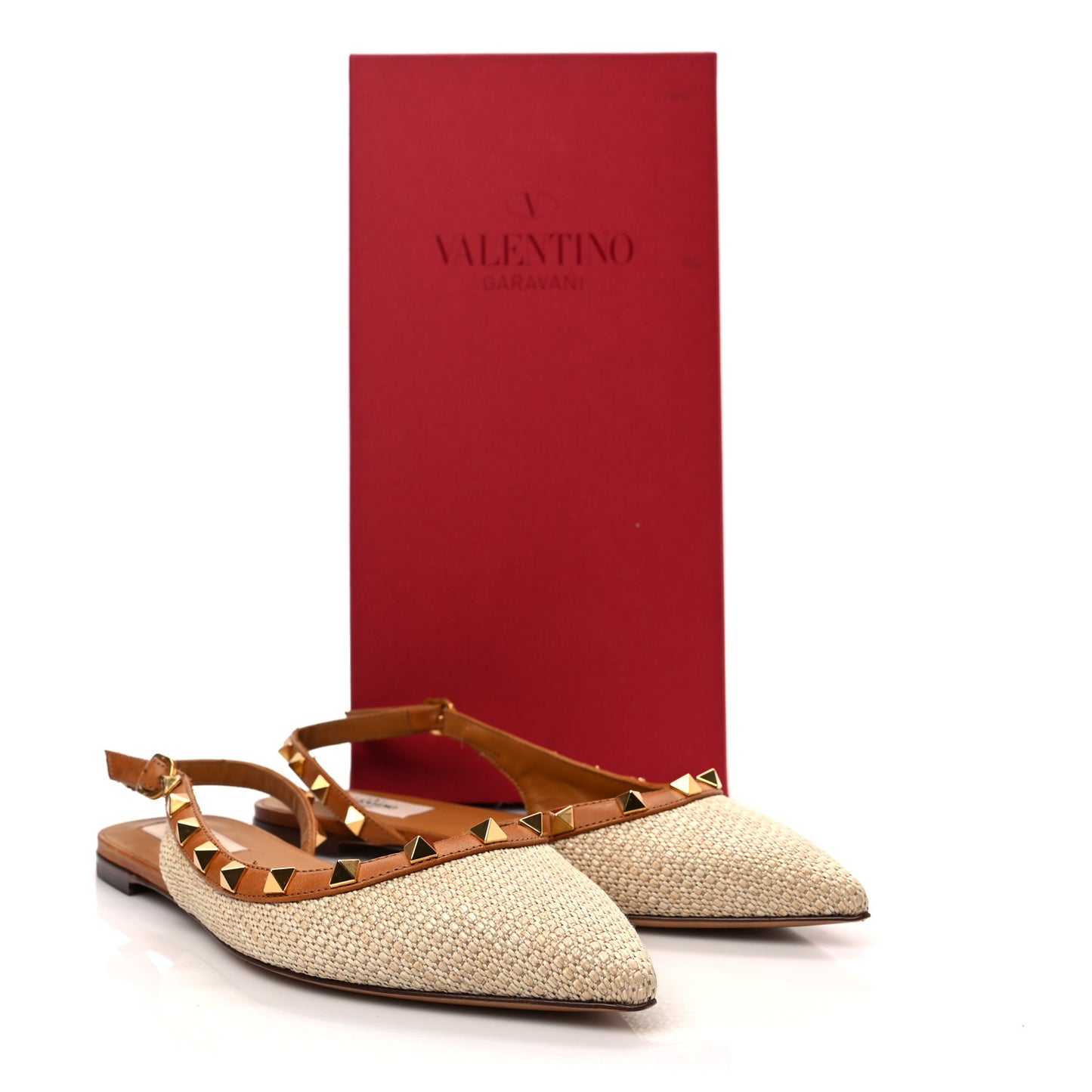 Raffia Calfskin Rockstud Slingback Flats 37 Naturale