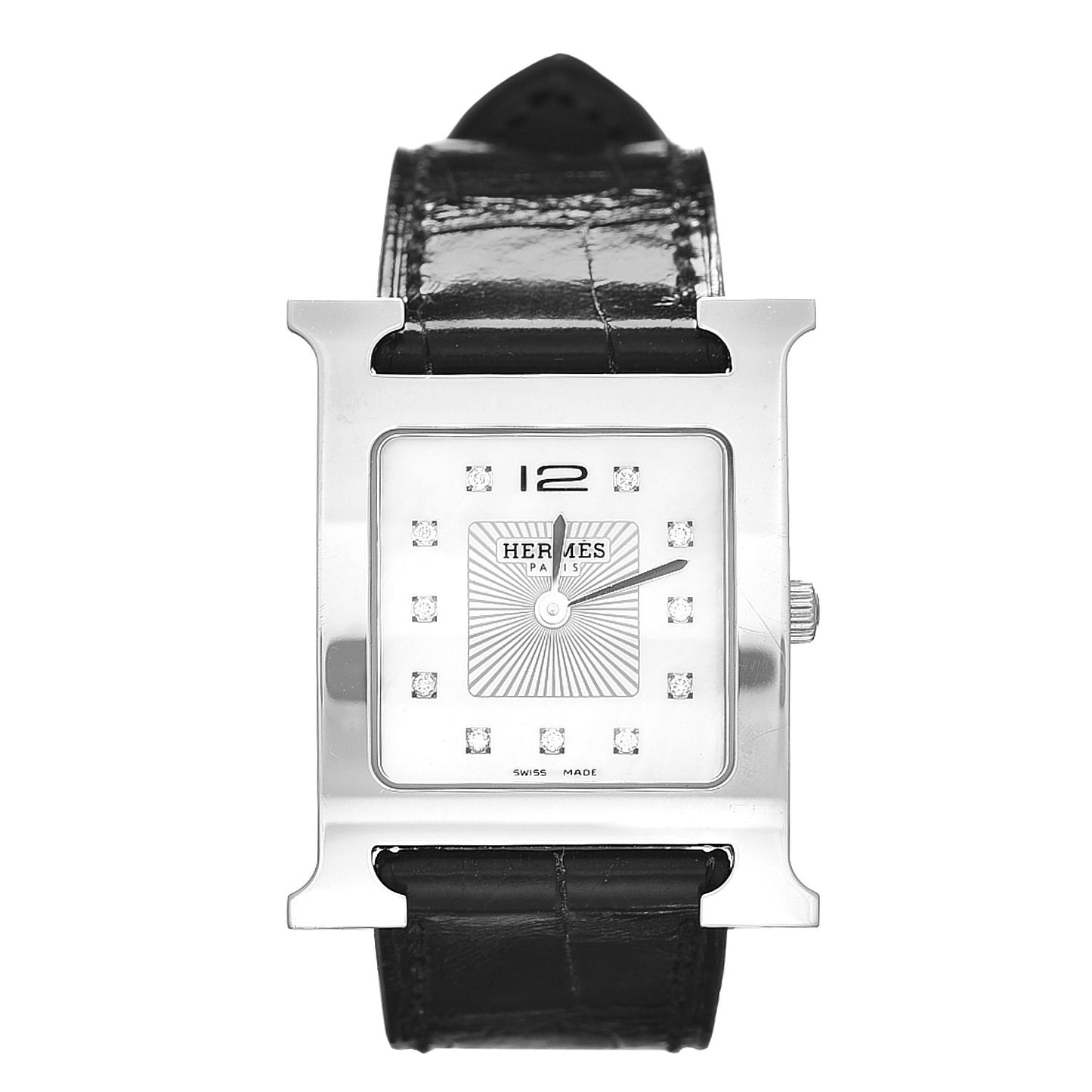 Stainless Steel Alligator Diamond Mother of Pearl 26mm Heure H Hour Quartz Watch Noir