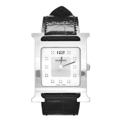 Hermes Stainless Steel Alligator Diamond Mother of Pearl 26mm Heure H Hour Quartz Watch Noir 1 of 7