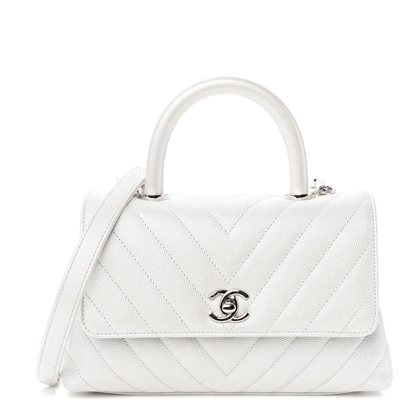Iridescent Caviar Chevron Quilted Mini Coco Handle Flap White
