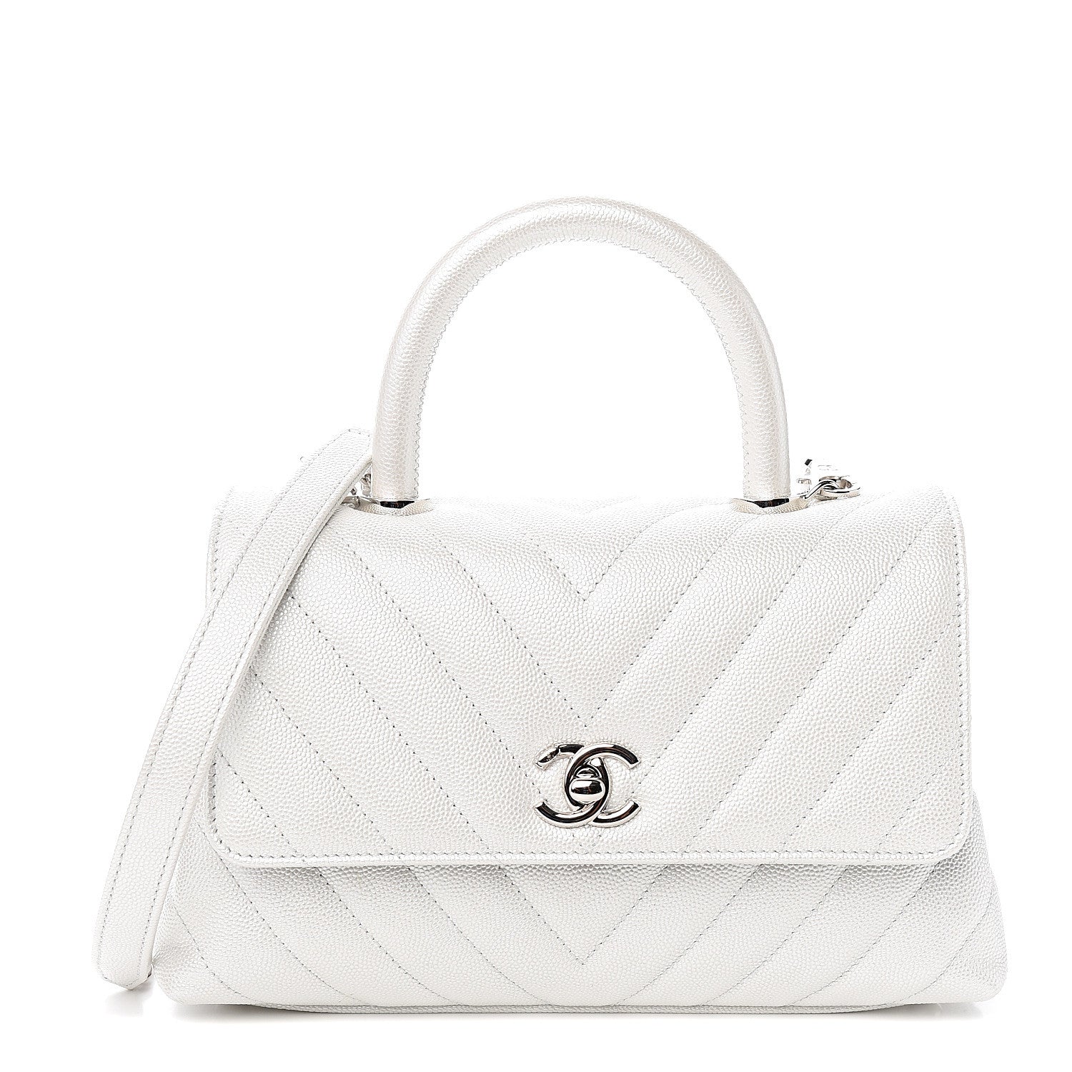 Chanel Iridescent Caviar Chevron Quilted Mini Coco Handle Flap White 1 of 10