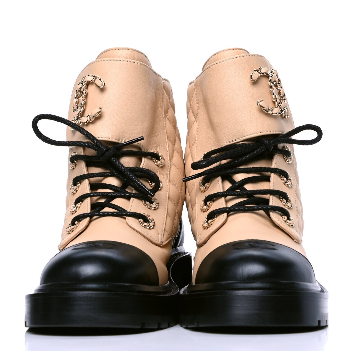 Lambskin Calfskin Quilted Lace Up Combat Boots 37.5 Beige Black