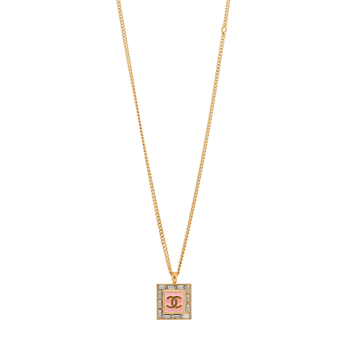 Crystal Baguette CC Pendant Necklace Pink Gold