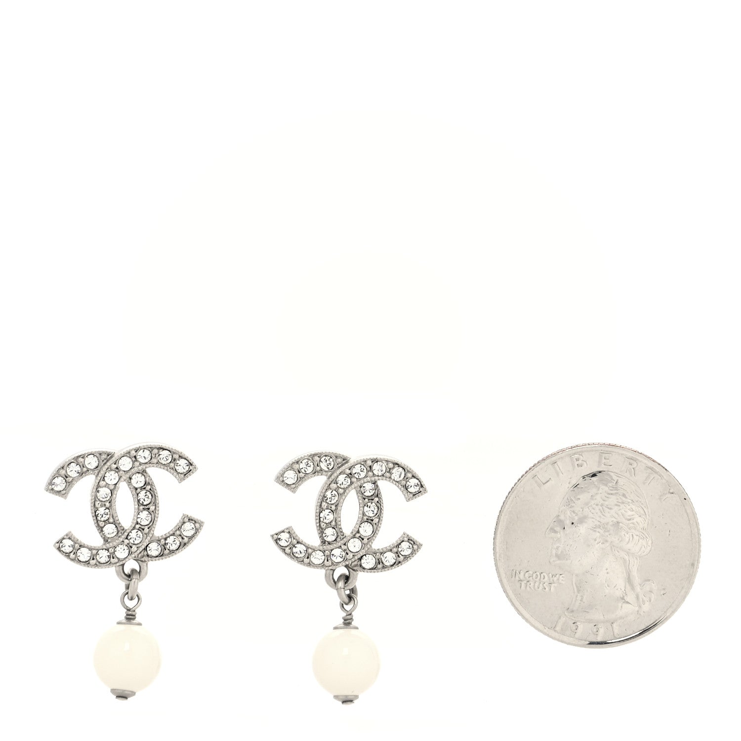 Chanel Crystal Bead CC Drop Earrings Silver White 2 of 4