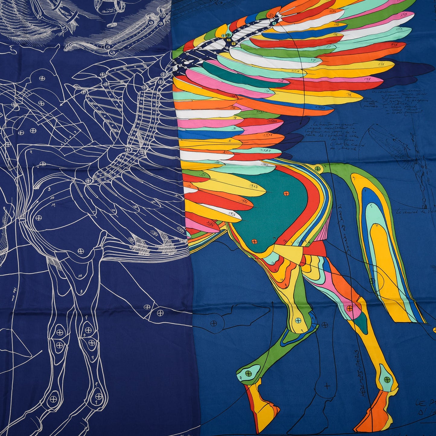 Silk Le Pegase d'Hermes Cut Wash 140 Scarf Marine Jaune Vif Multicolore