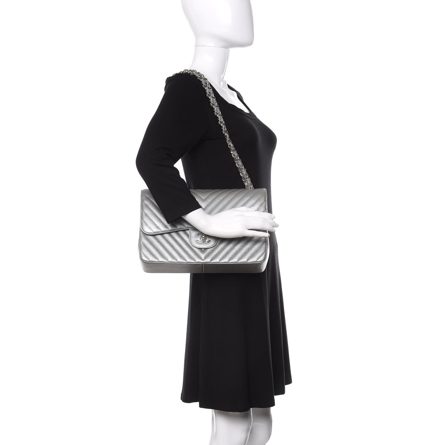 Metallic Caviar Chevron Quilted Jumbo Double Flap Silver