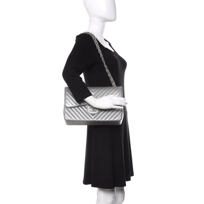 Chanel Metallic Caviar Chevron Quilted Jumbo Double Flap Silver 2 of 12