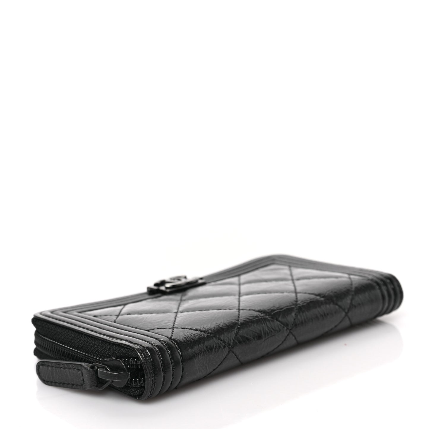 Distressed Patent Quilted Small Boy Zip Around Wallet Black
