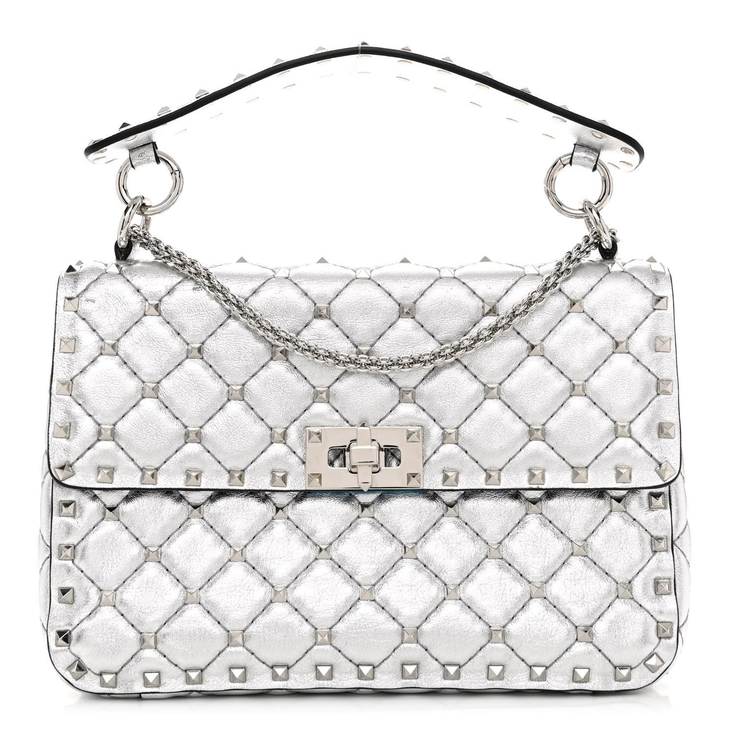 Metallic Nappa Medium Rockstud Spike Shoulder Bag Silver