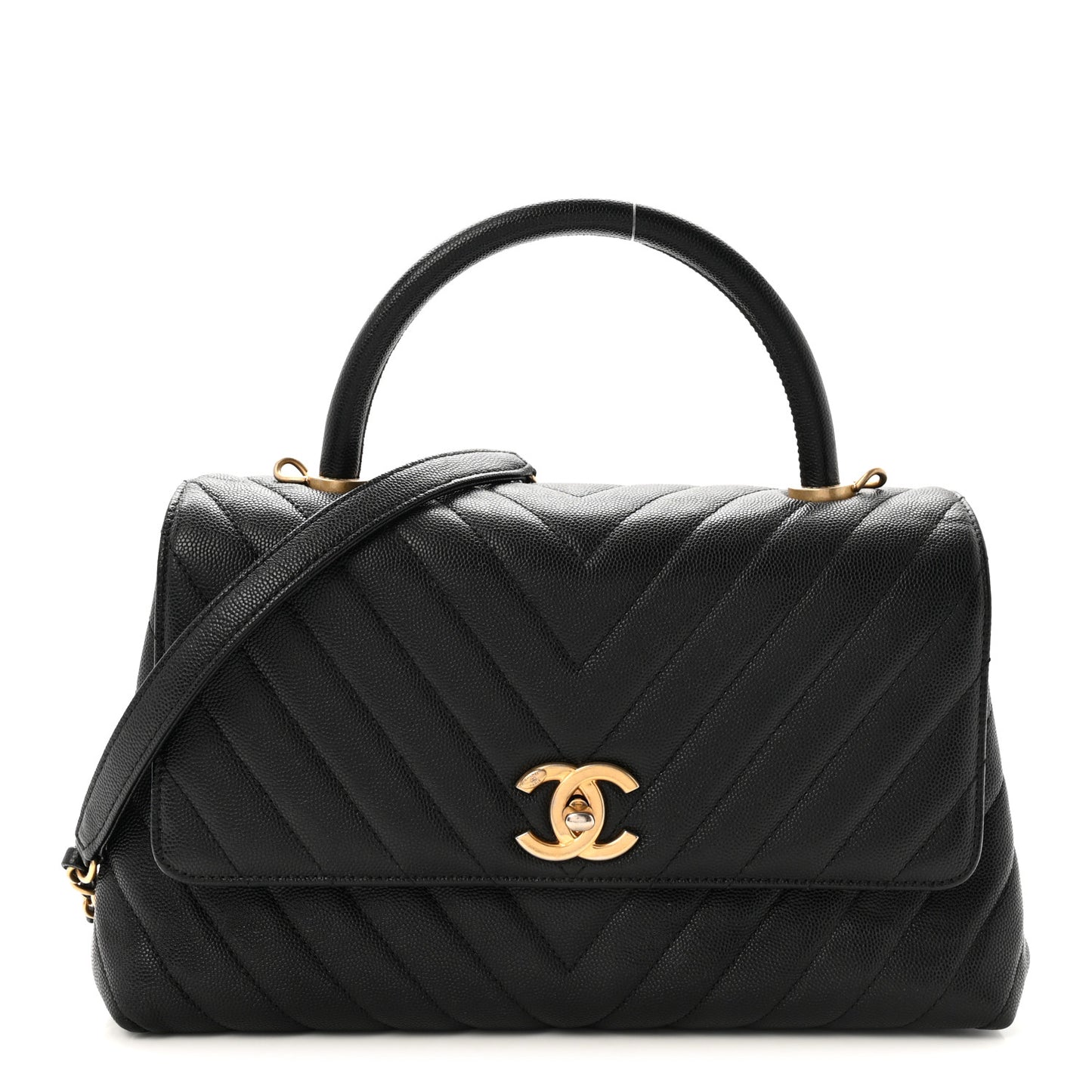Caviar Chevron Quilted Small Coco Handle Flap Black