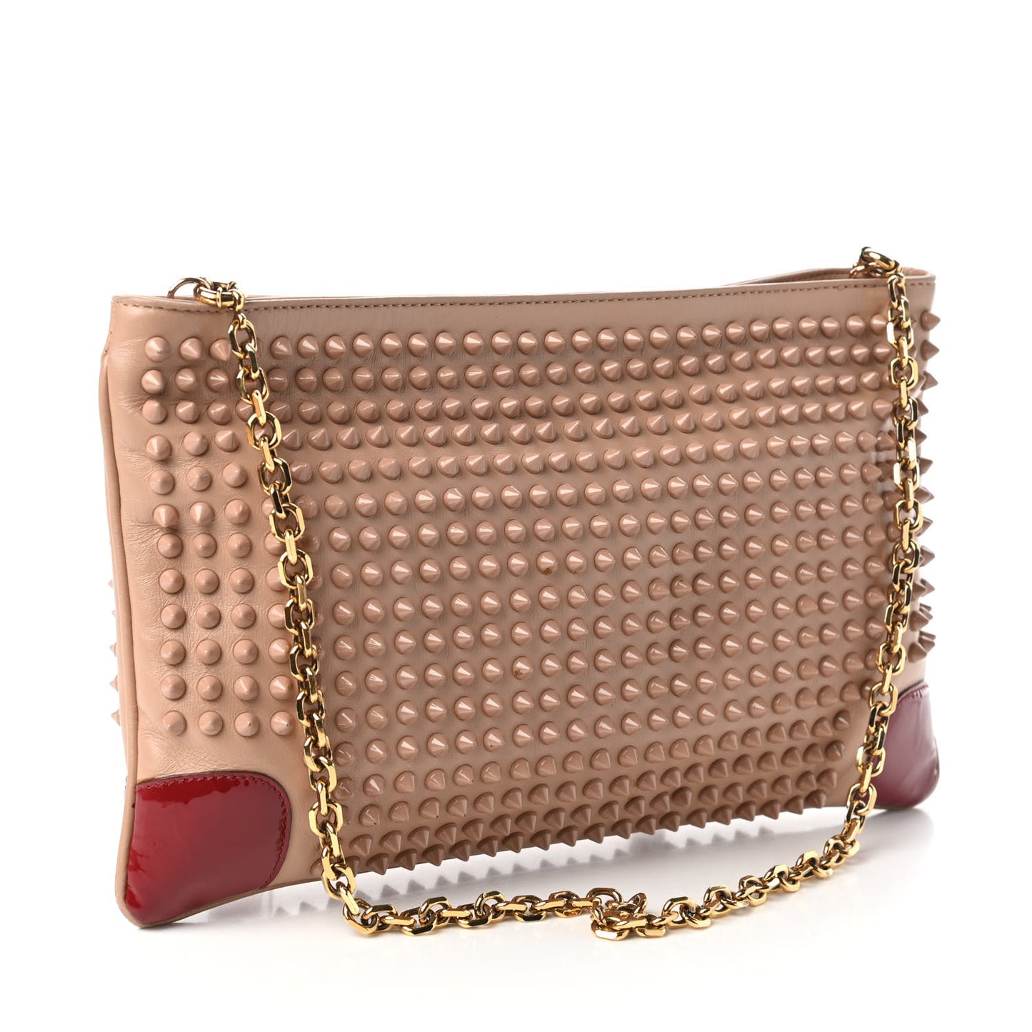 Calfskin Studded Loubiposh Chain Clutch Nude