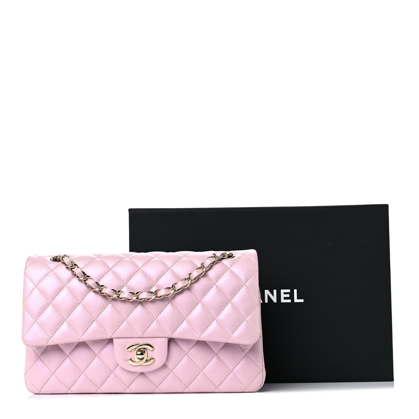 Iridescent Calfskin Quilted Medium Double Flap Light Pink