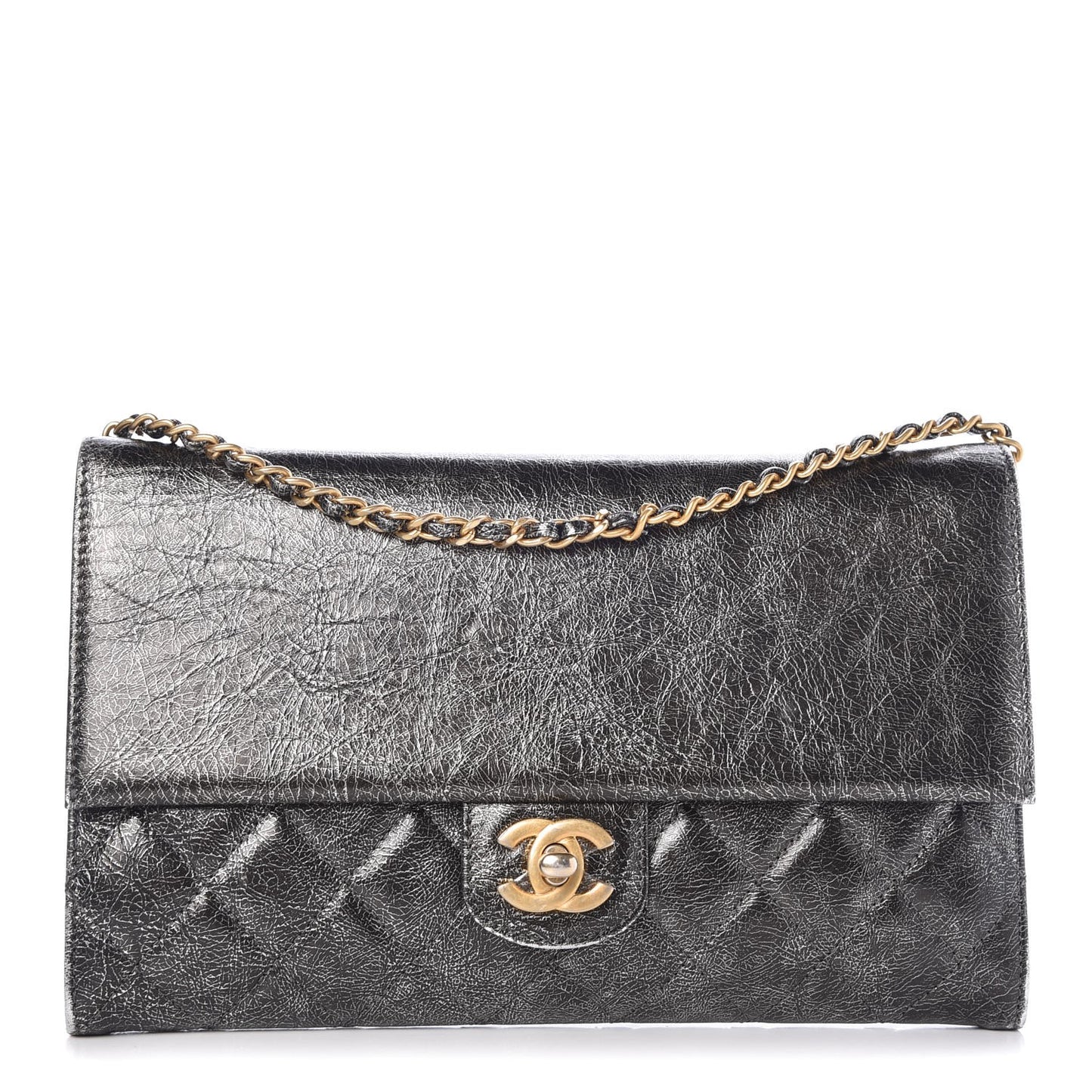 Cracked Metallic Calfskin Quilted Zip Away Chain Clutch Dark Silver