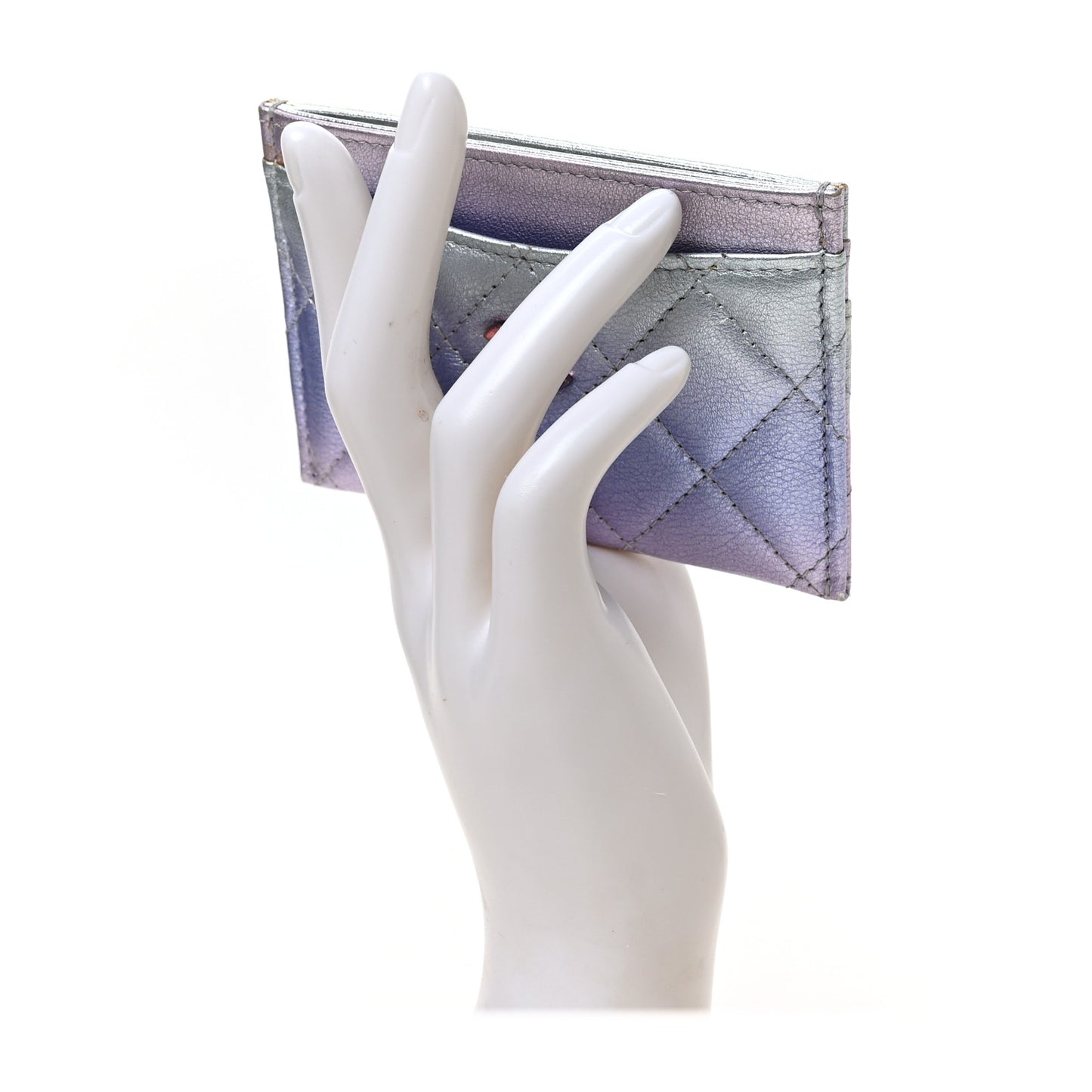 Gradient Metallic Calfskin Quilted Card Holder Silver Blue Yellow Purple