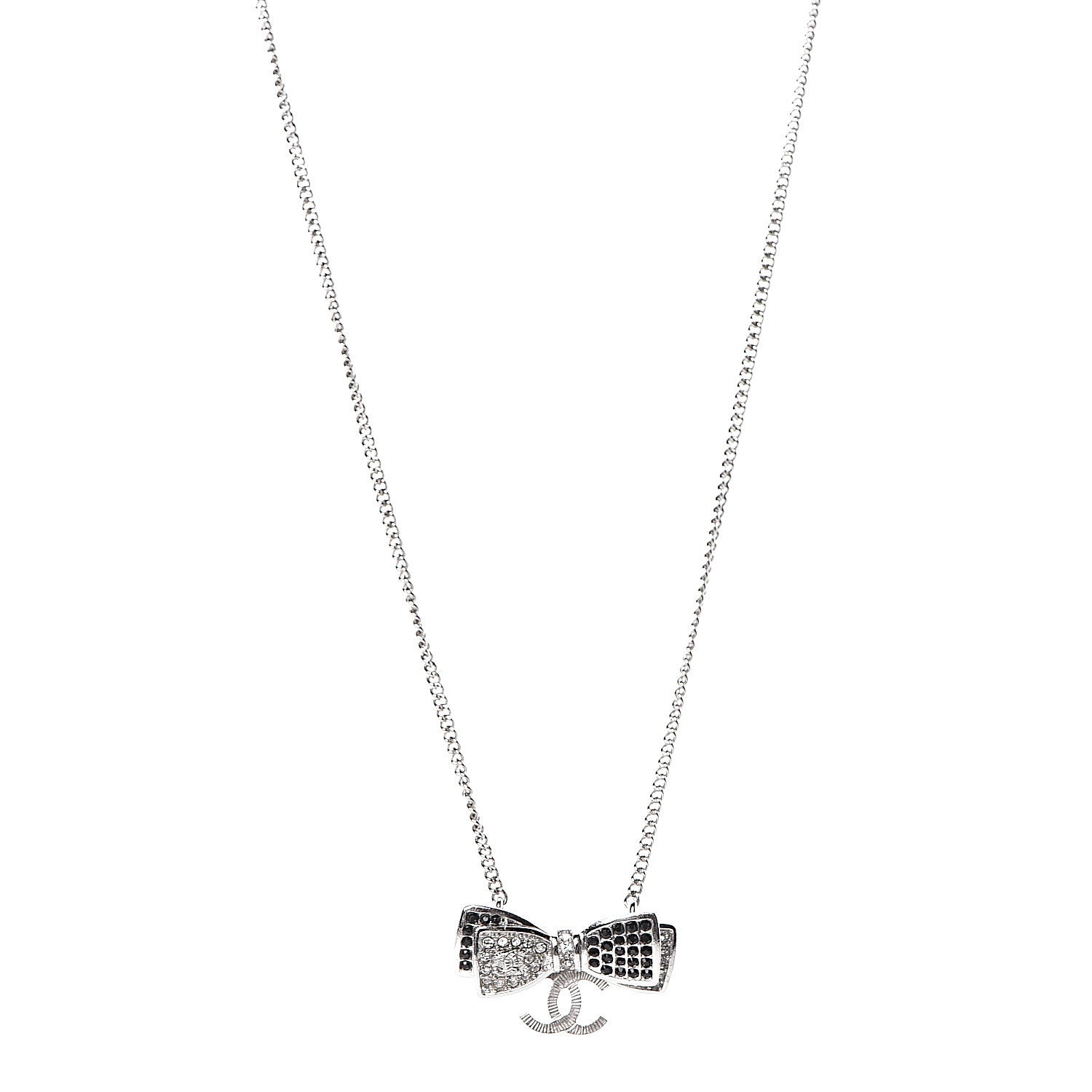 Chanel Crystal CC Bow Necklace Silver Black 1 of 5