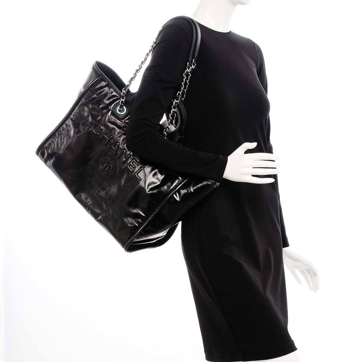 Glazed Calfskin Large Deauville Tote Black