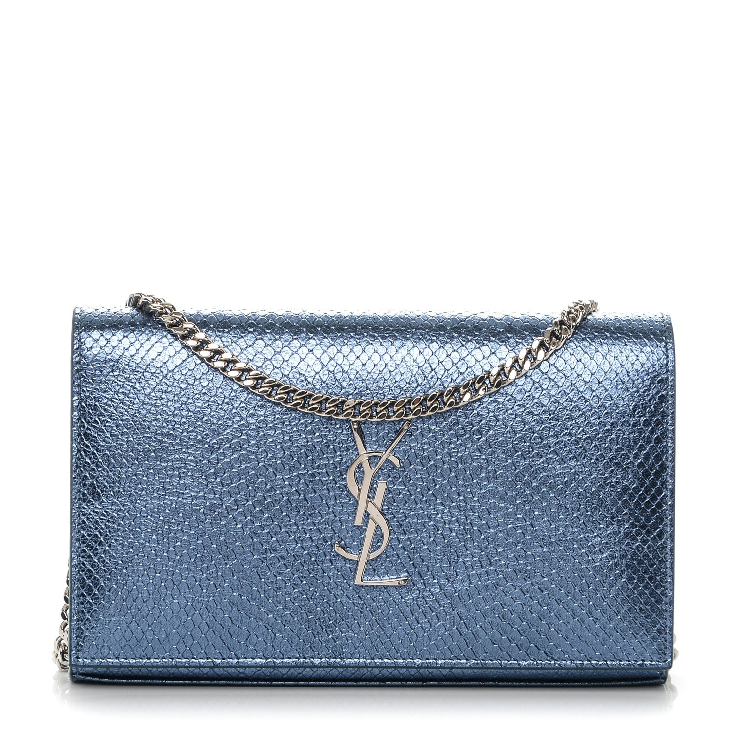 Saint Laurent Metallic Calfskin Python Embossed Monogram Chain Wallet Blue Jeans 1 of 7