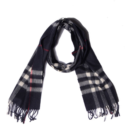 Burberry Cashmere Giant Check Fringe Scarf Navy 1 of 5