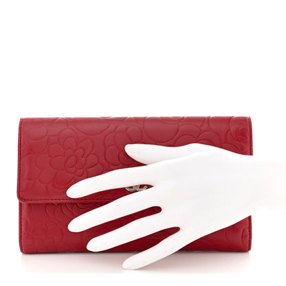 Chanel Lambskin Camellia Embossed Flap Wallet Red 2 of 11