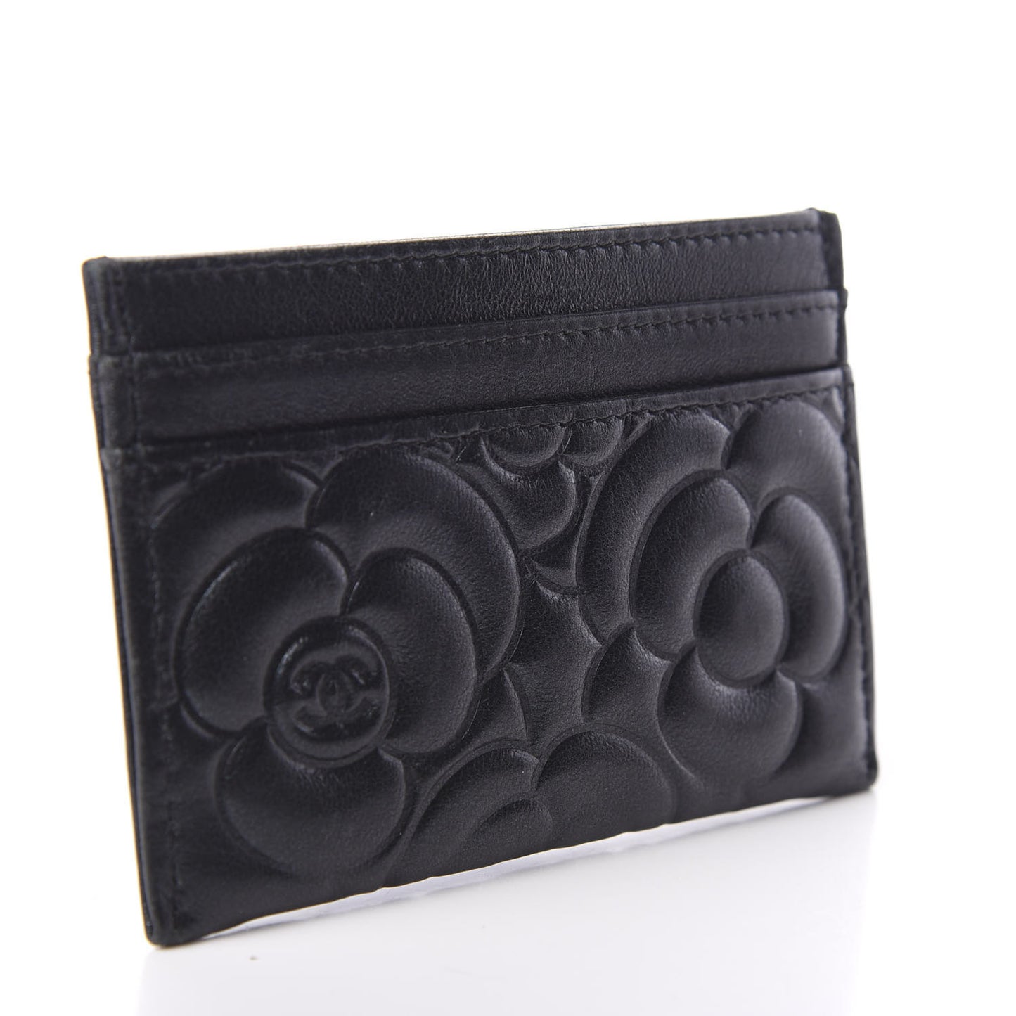 Lambskin Camellia Embossed Card Holder Black