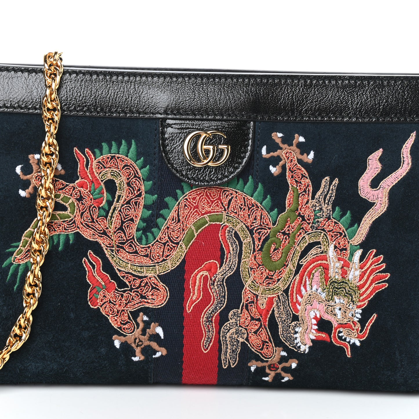 Suede Patent Web Dragon Embroidered Small Ophidia Chain Shoulder Bag Blue Black