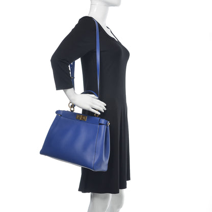 Fendi Vitello Morgan Fabric Jacquard Pequin Medium Peekaboo Iconic Satchel Blue Neon Tobacco 2 of 15