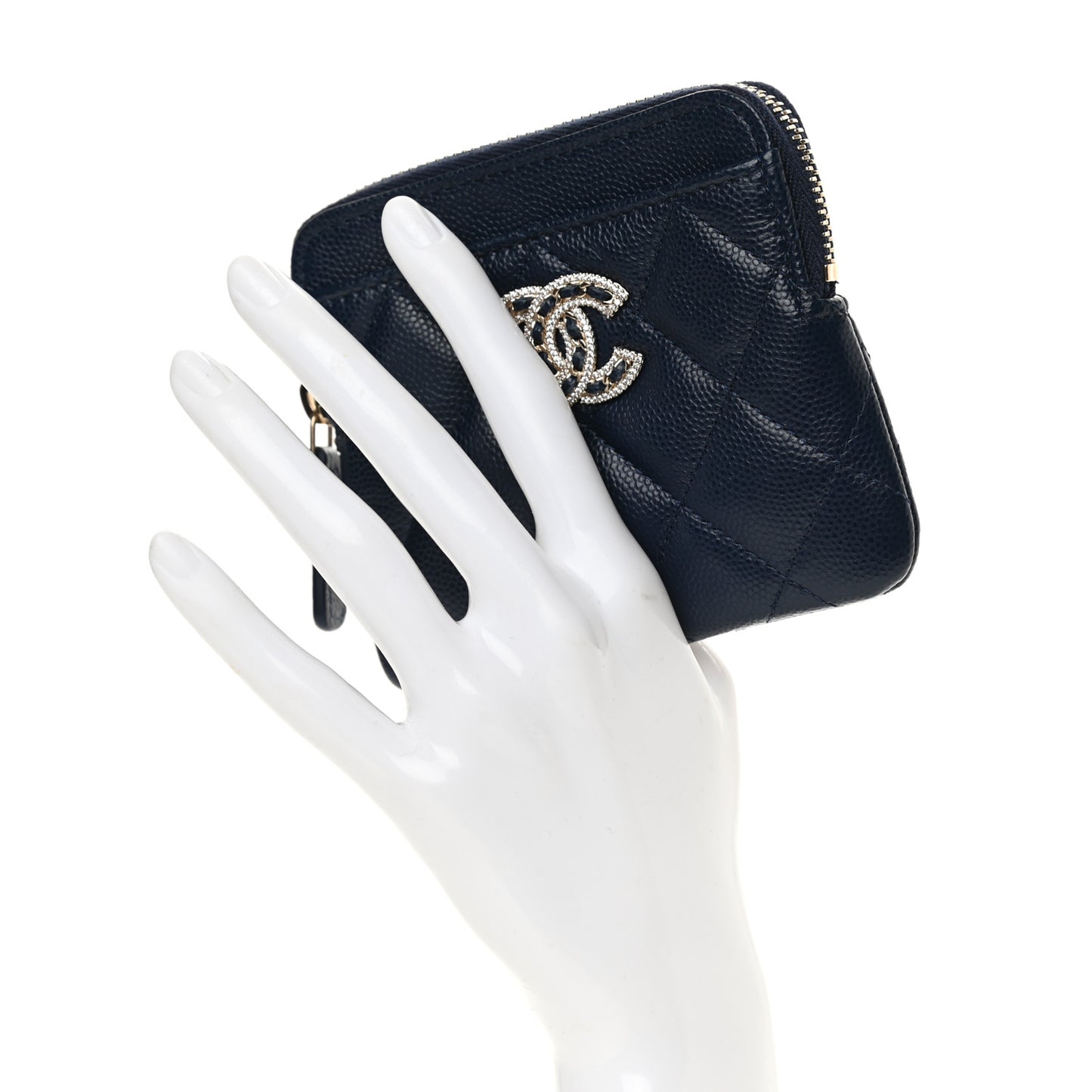 Caviar Quilted Crystal Zip Card Holder Wallet Navy